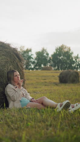 joven sentada en el suelo con las piernas cruzadas, descansando pensativa contra una gran bala de heno en tierras de cultivo abiertas, un entorno rural pacífico con balas de heno esparcidas, luz dorada de la tarde