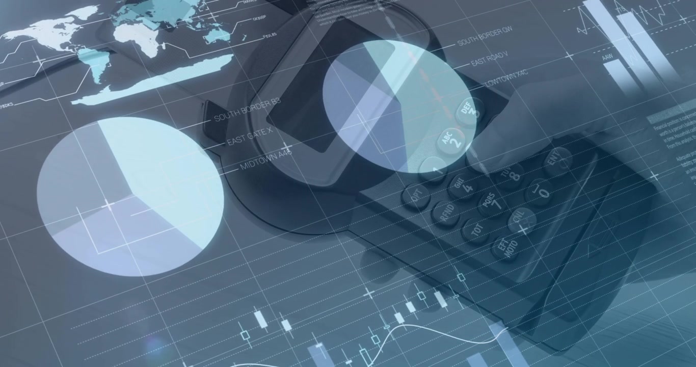 Hand Using Calculator with Overlaid Financial Data Charts