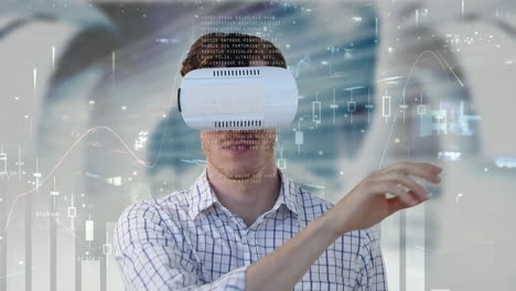 animación del procesamiento de estadísticas sobre el hombre de negocios caucásico en auriculares vr