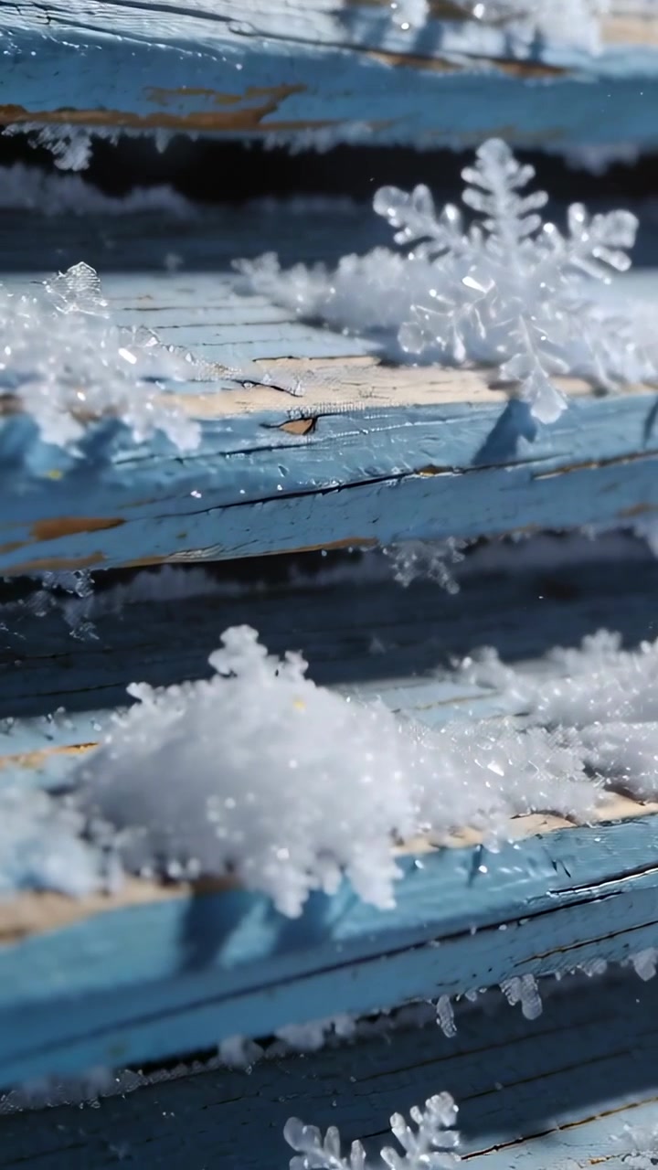 Video verticale: La telecamera si sposta rivelando un fiocco esagonale scintillante su una doga esterna blu scheggiata.