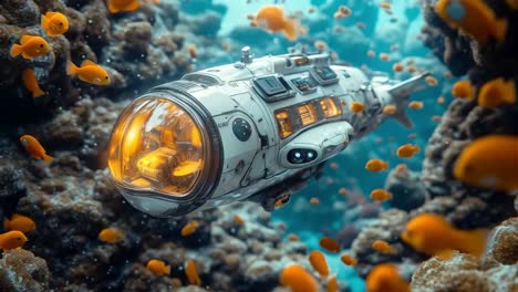 futuristic submarine in coral reef with fish