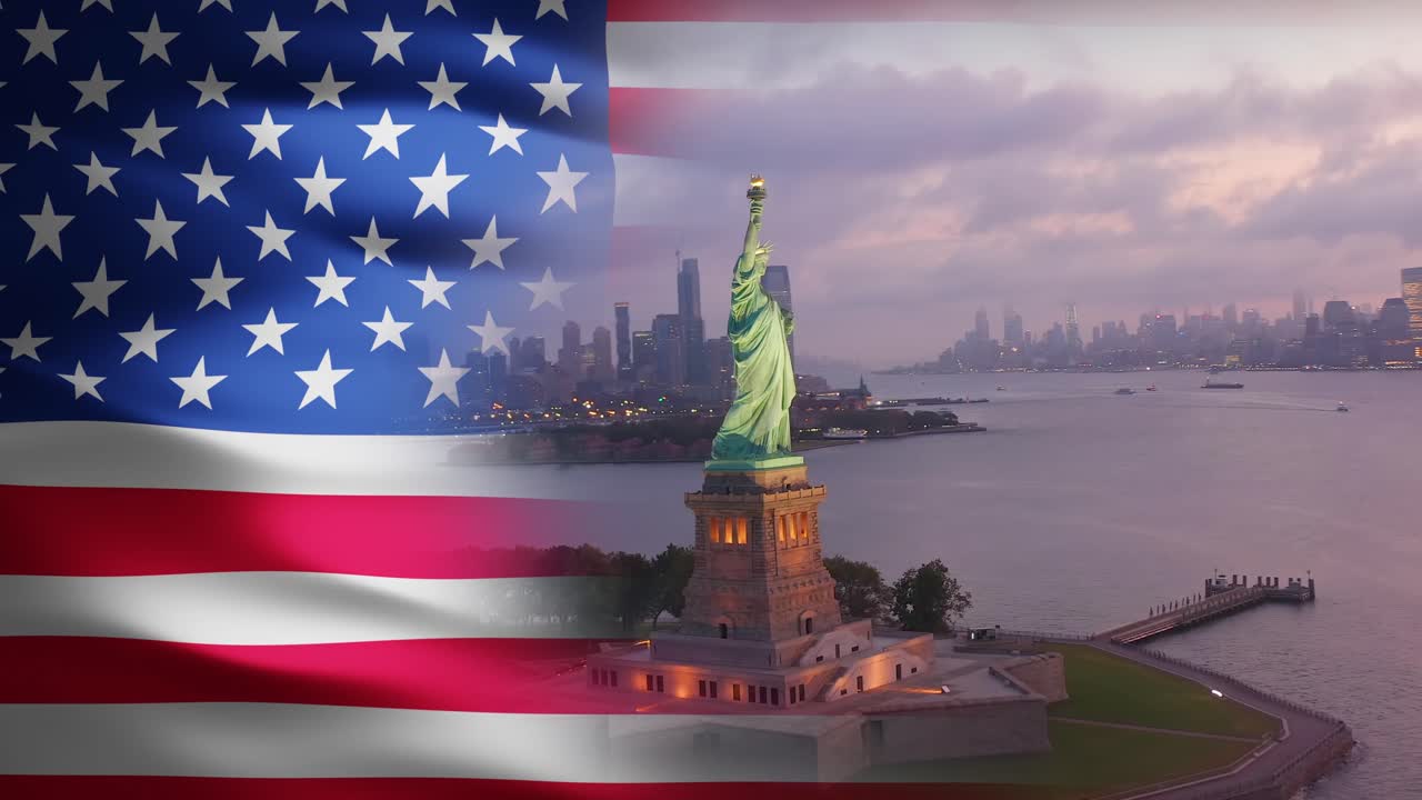 la estatua de la libertad y la ciudad de nueva york, dividida con la bandera de estados unidos - animación 3d