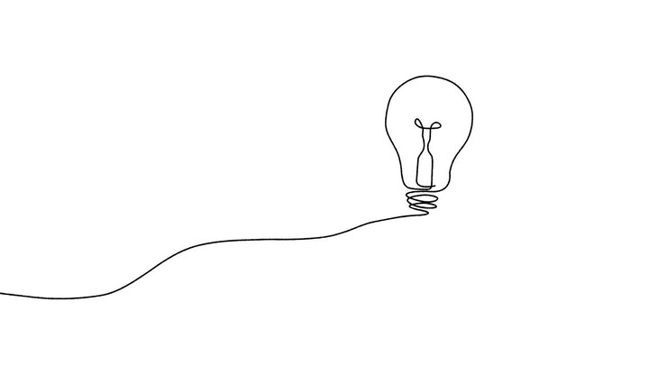 Hand drawn style animation of a light bulb lighting up, on a white background