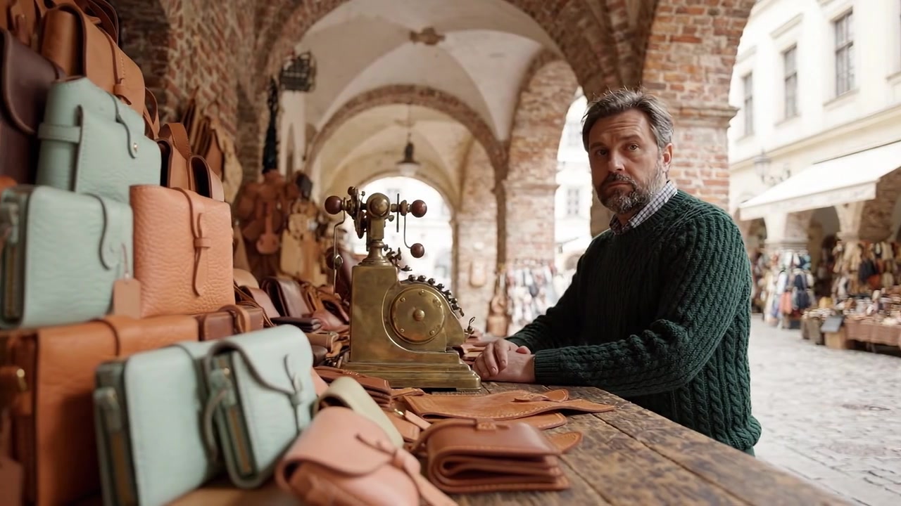 Crafted Elegance: A Craftsman at Work with Leather Goods Amidst Historic Market Surroundings, Showcasing Traditional Artistry and Passion for Fine Materials