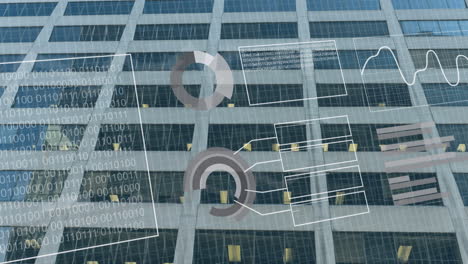 animación del procesamiento de datos financieros sobre el fondo de edificios de oficinas modernos.