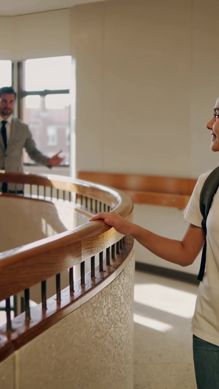 Vertical video: Walking teen holding curved rail at school replying suited man calling, copy space