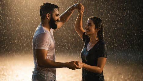 happy couple dancing joyfully in the rain
