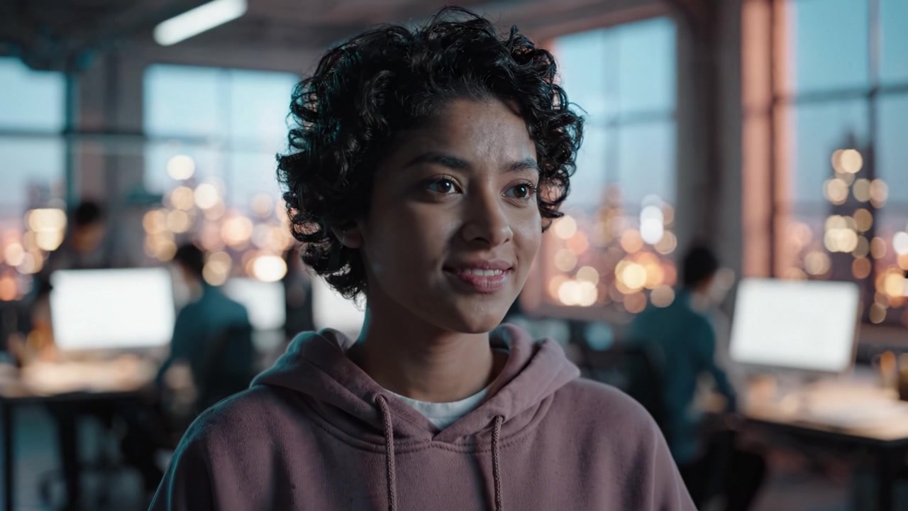 A young woman with curly hair smiles warmly in a modern office space, surrounded by colleagues working at computers against a backdrop of a city skyline.