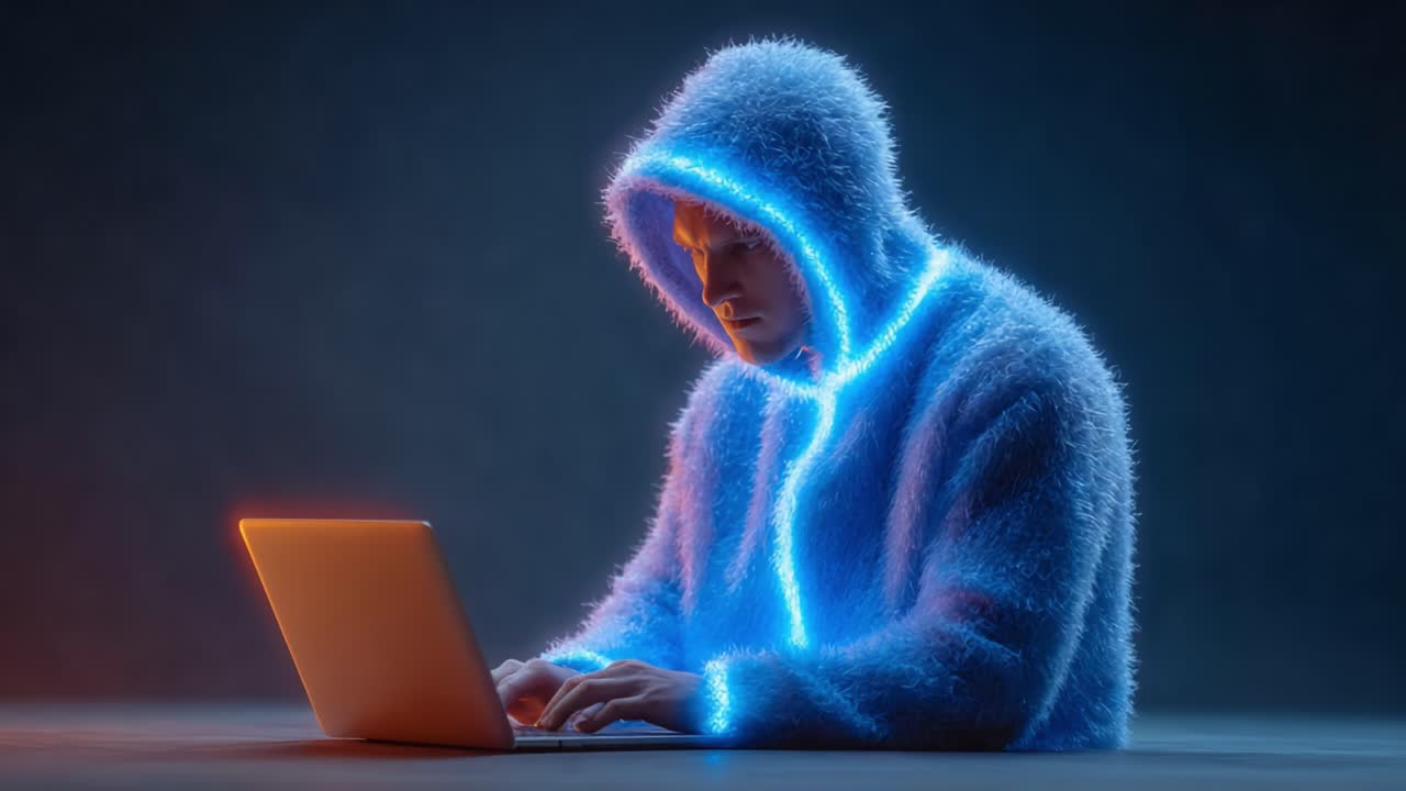 A Focused Individual in a Soft Blue Hooded Sweater Engages with a Laptop, Illuminated by Subtle Neon Lights in a Dark, Atmospheric Setting
