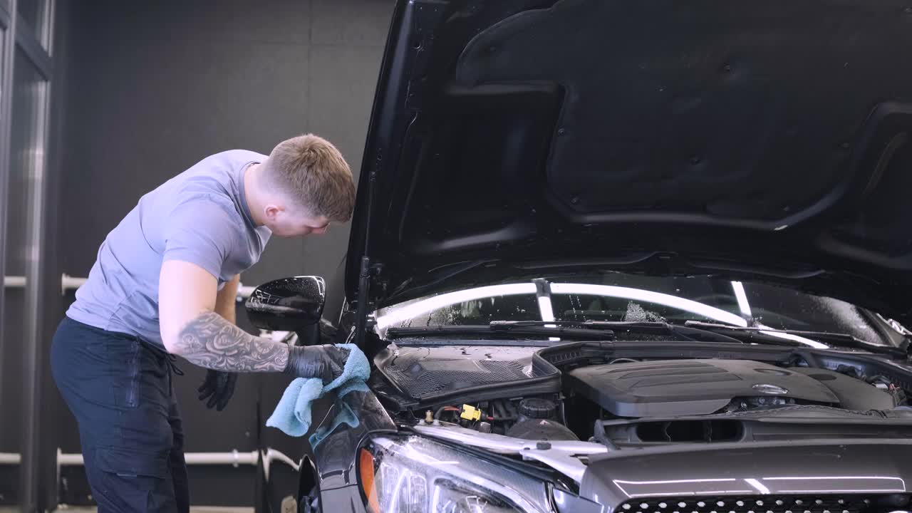 hombre que cubre el coche con cinta de poliuretano de vinilo. películas para el coche. pegatina película protectora en el coche