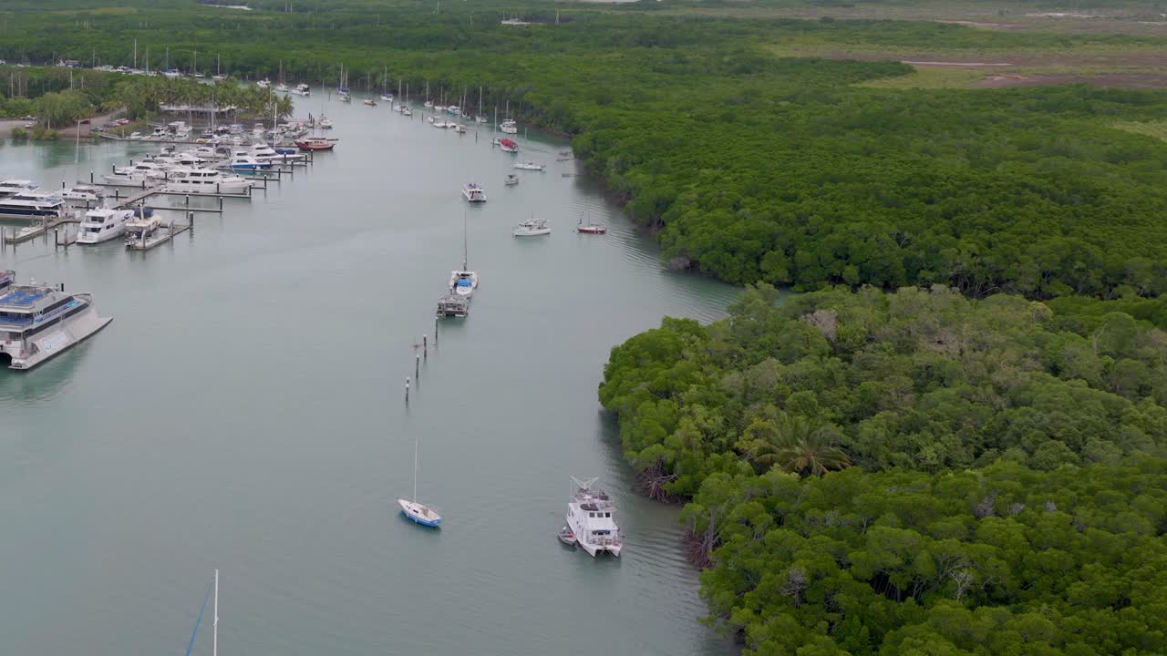 Aerial footage captures boats navigating a lush marina in Port Douglas, Australia, under soft natural lighting