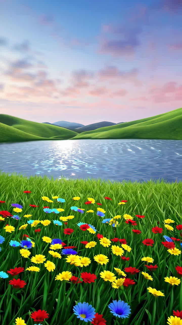 Colorful Meadow by a Lake at Sunset