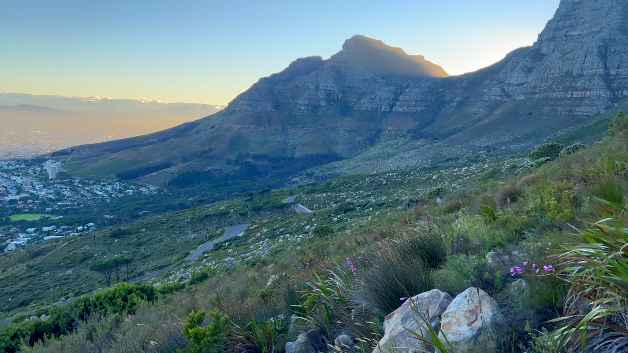 Sunrise morning hike exploring Table Mountain Cape Town South Africa pan right view of mountain and downtown city Lions head golden sun rays lush spring summer grass and flowers