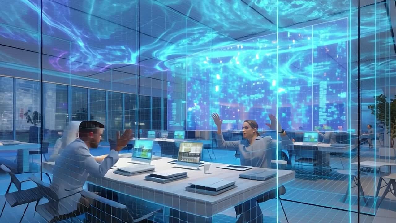 Futuristisk kontor med samarbeidsbaserte arbeidsstasjoner og skjermer