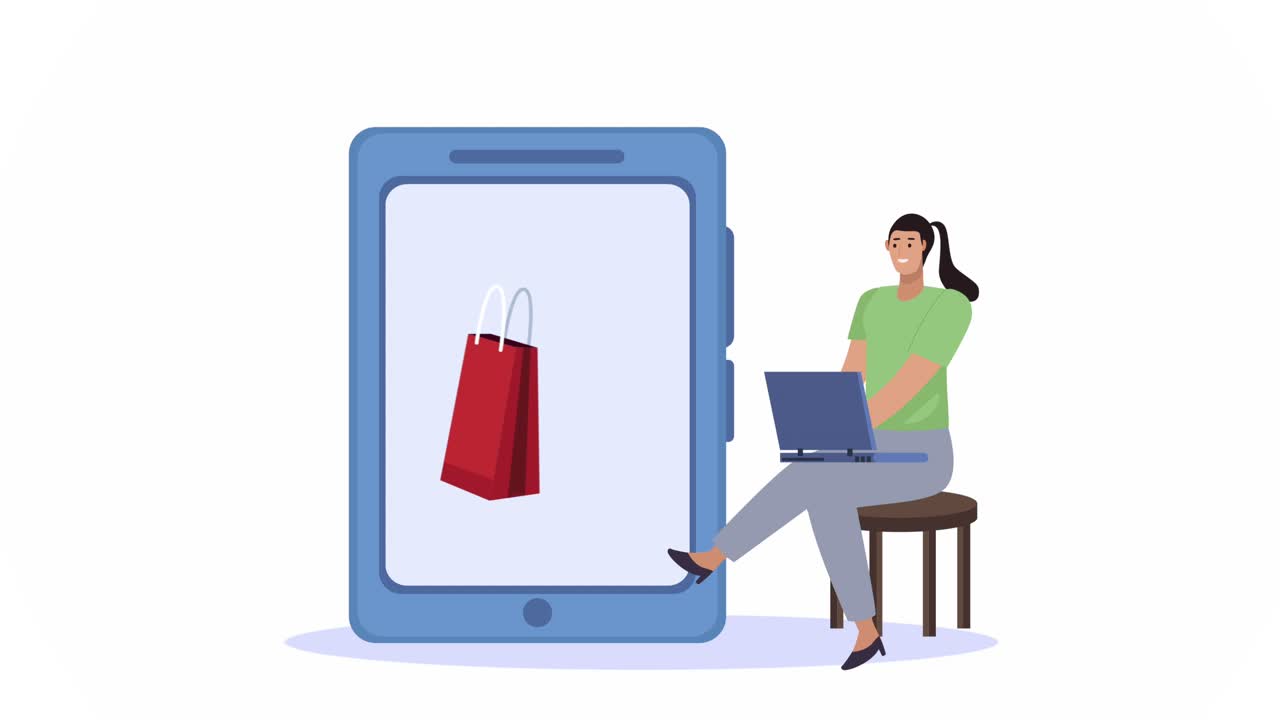 스마트폰에 쇼핑 가방을 가진 노트북을 사용하는 젊은 여성