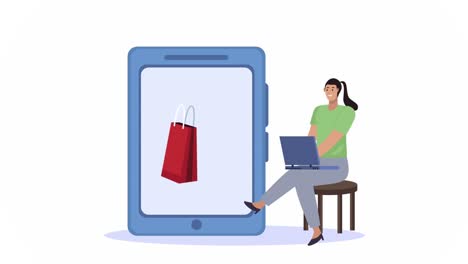 joven usando una computadora portátil con una bolsa de compras en un teléfono inteligente