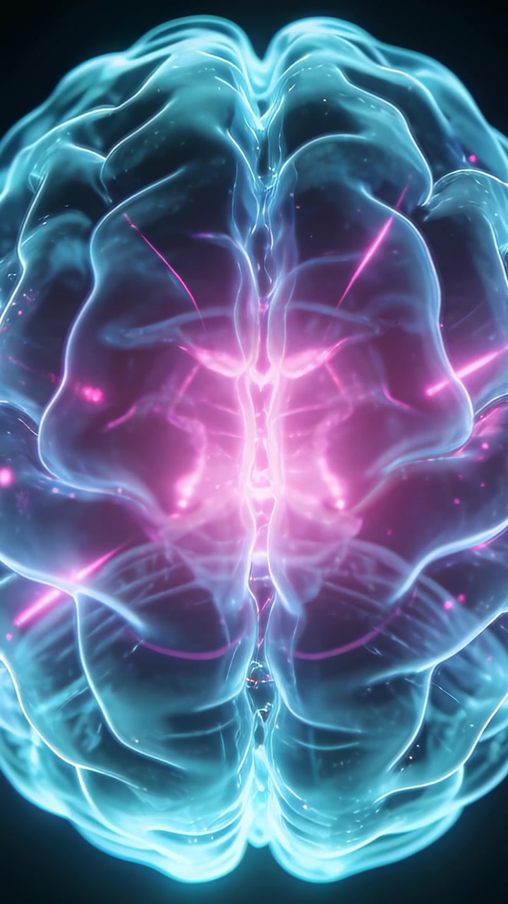 Vertical video: Starting, translucent brain pulsing magenta core in dark field visualizing activity