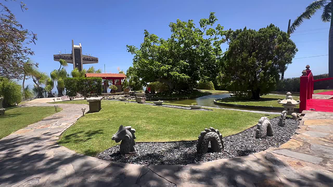 Scenic Garden with Pond and Unique Architecture
