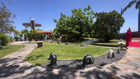 scenic garden with pond and unique architecture