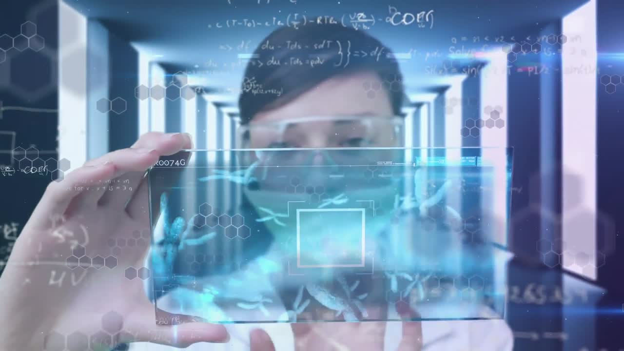 보호 얼굴 마스크를 착용한 과학자의 애니메이션과 데이터 처리.