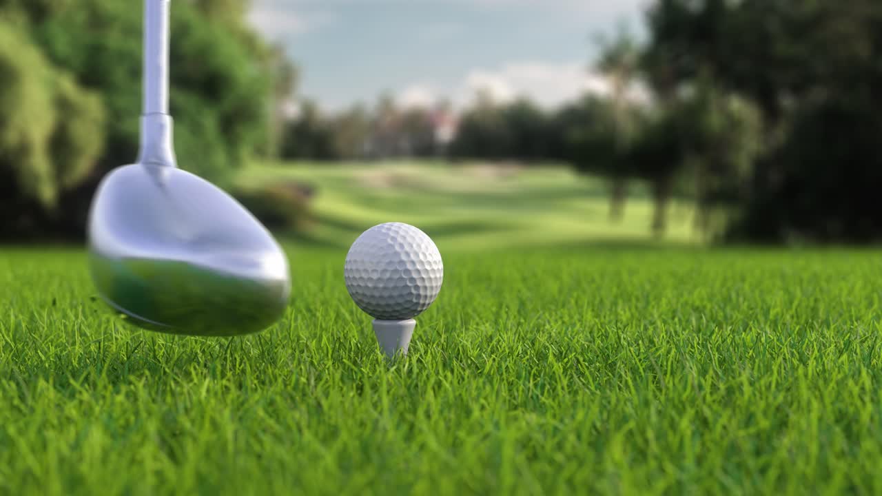 Colpire una pallina da golf con una mazza sul campo, vista laterale, al rallentatore.
