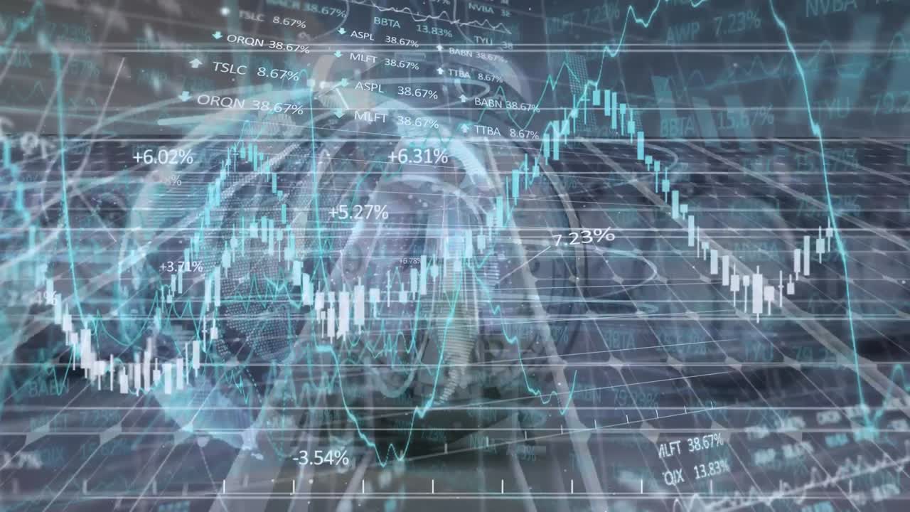 글로벌 오버 시계 및 태양 패널을 사용하여 금융 데이터 처리의 애니메이션