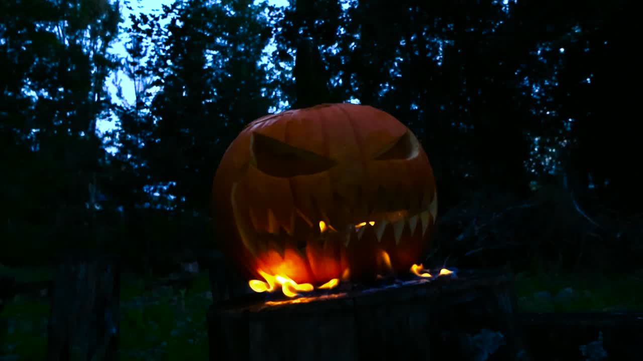 Orange colored Halloween pumpkin burning with large flames and smoke at dark evening at a forest on a tree stump with a scary face and candles also burning inside. Yellow and orange hot flames moving