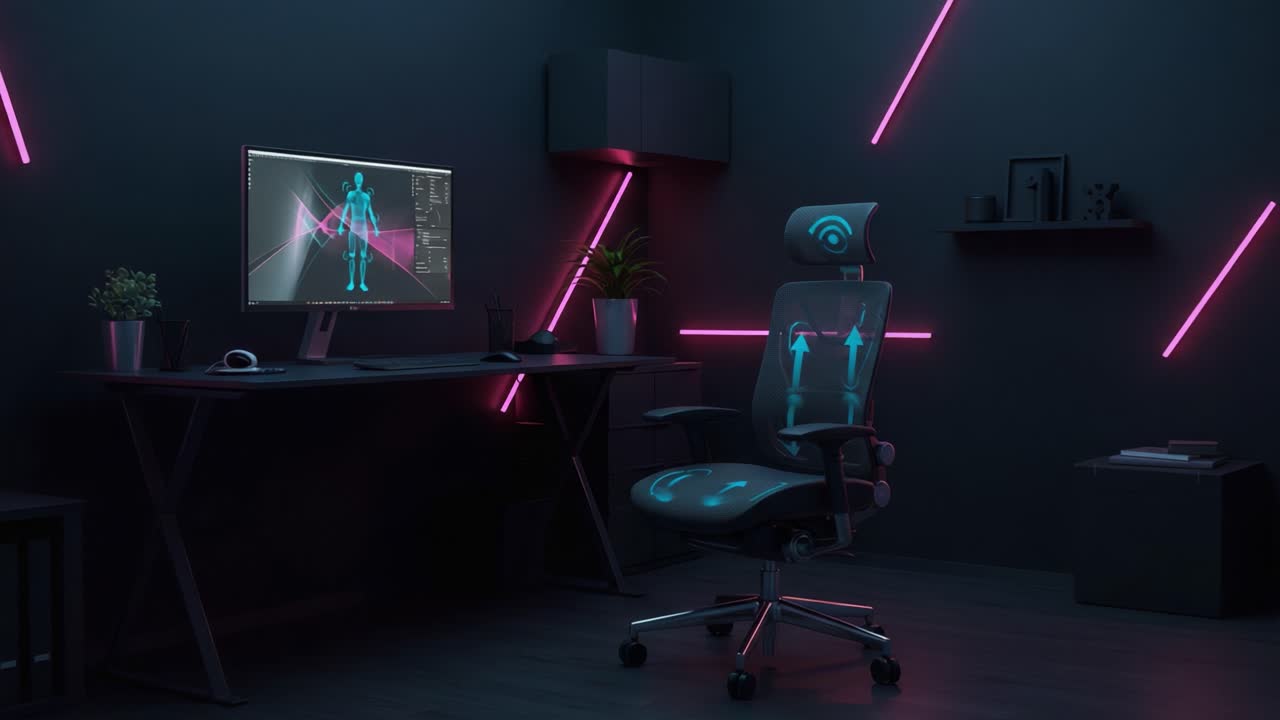 A Modern Gaming Workspace Featuring a Sleek Office Chair, an Ergonomic Desk Setup, and High-Tech Lighting for a Futuristic Ambiance