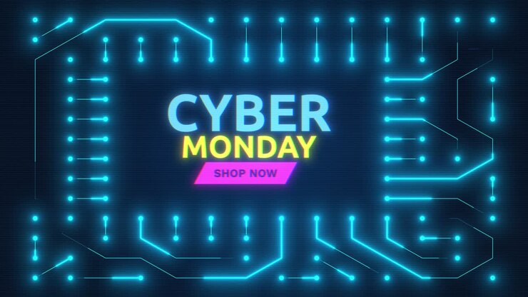 Testo animato Cyber Monday con effetto glitch su scheda a circuito.