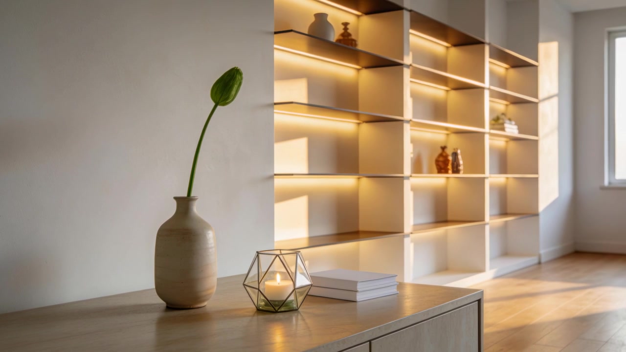 Sole che si sposta attraverso la finestra, illuminando scaffali e mobile, riscaldando vaso, candela e libri; spazio per la copia.