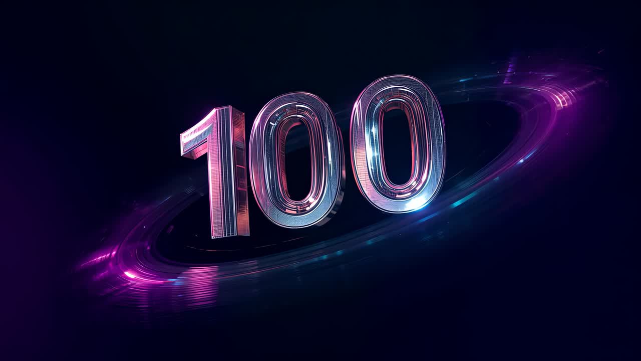 Glowing orbital ring intensifying, metal 100 scaling forward on purple stage mirroring for closeup