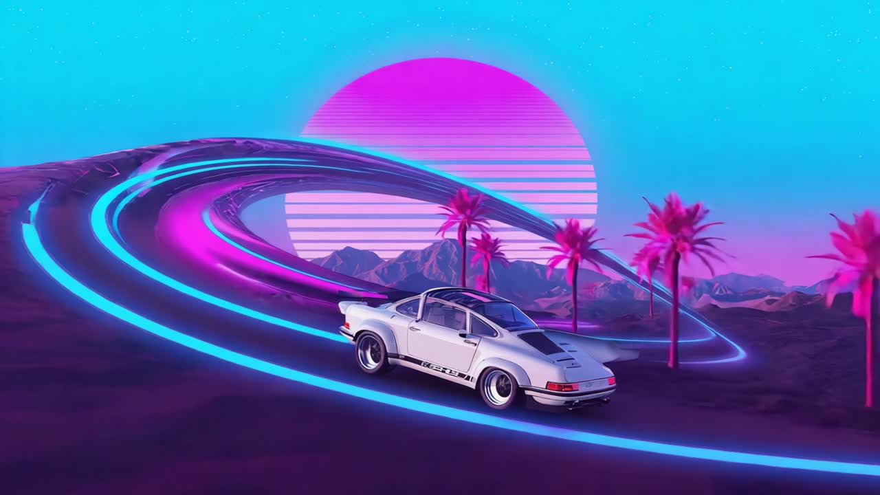Synthwave Porsche Driving in a Neon Landscape