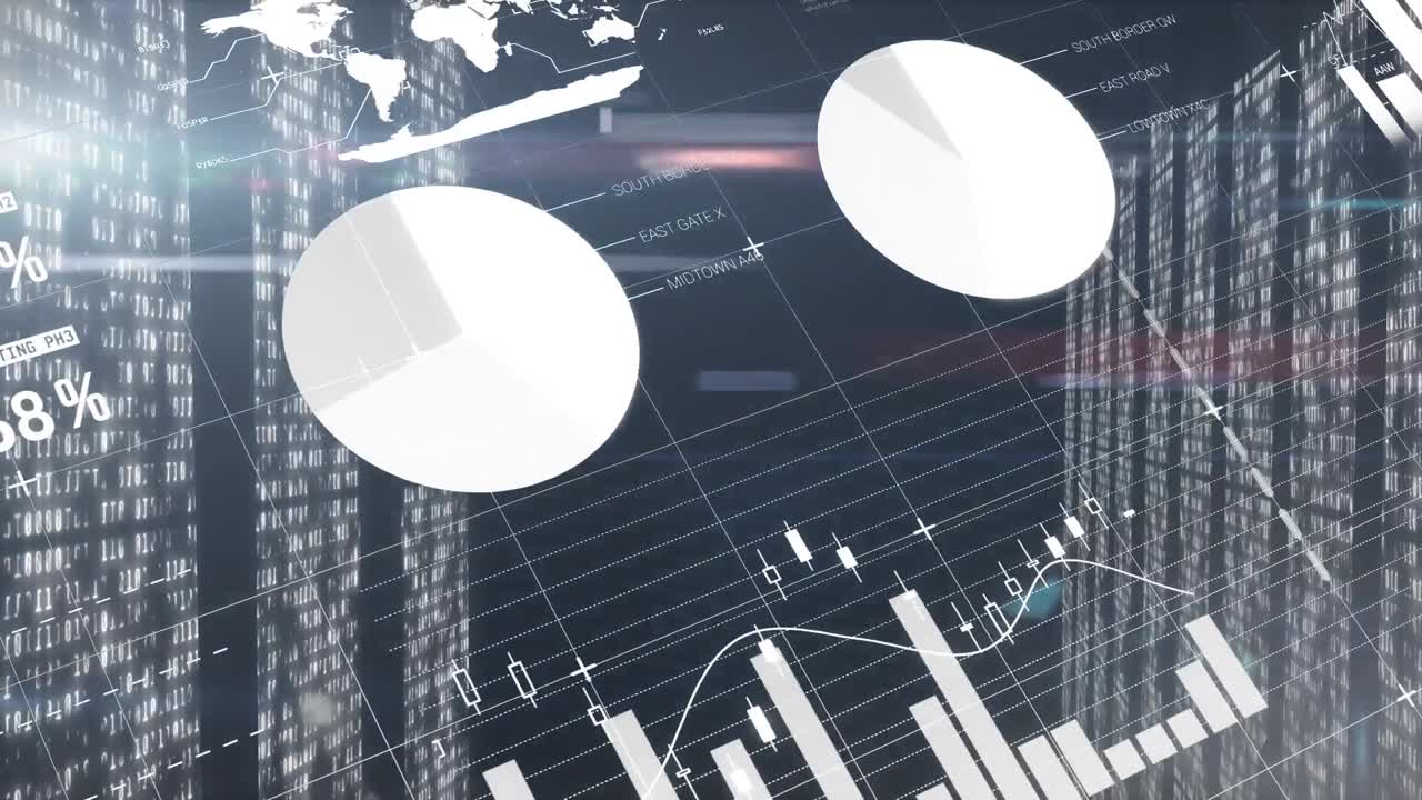 Animation of data processing over multiple screens with mosaic squares against blue background