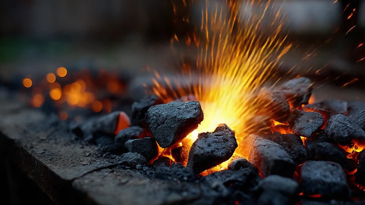 Un spectacle intense de feu et d'étincelles : observant l'interaction dynamique entre des charbons ardents et du métal dans l'environnement d'une forge artisanale.