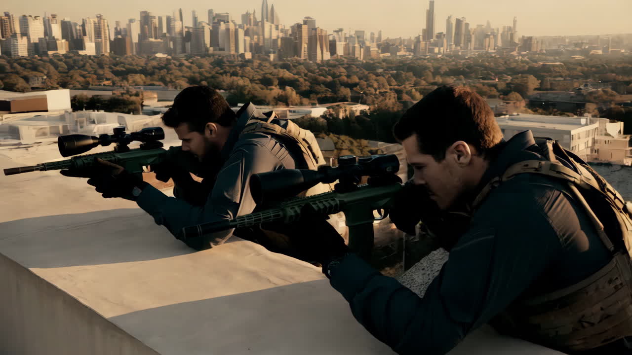 Two Snipers on a Rooftop Overlooking a City