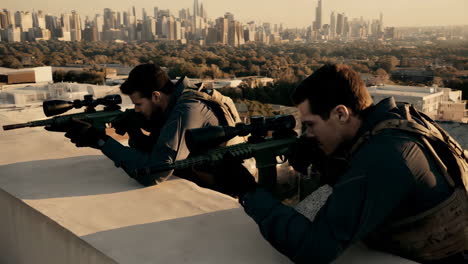 two snipers on a rooftop overlooking a city