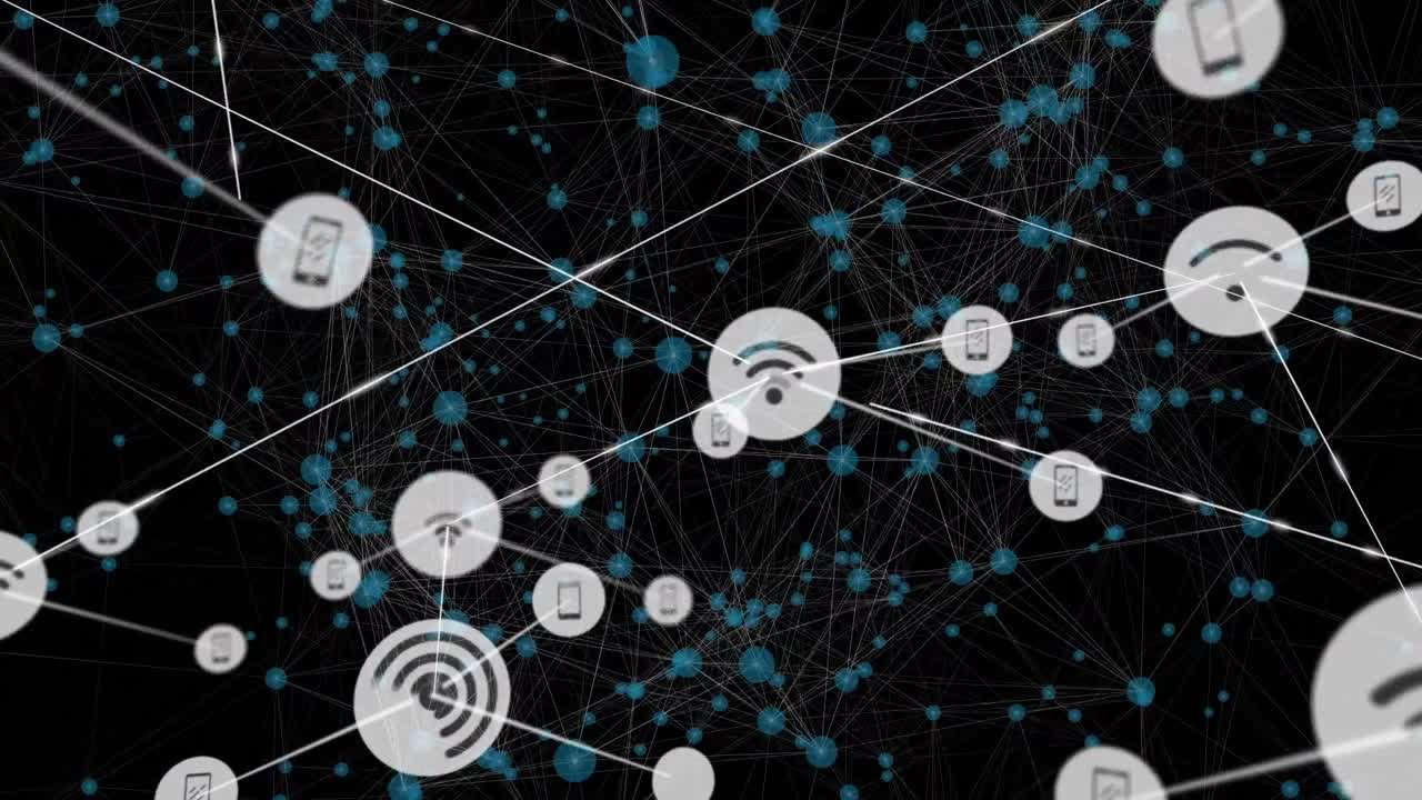 animación de la red de conexiones con iconos sobre fondo negro con constelaciones