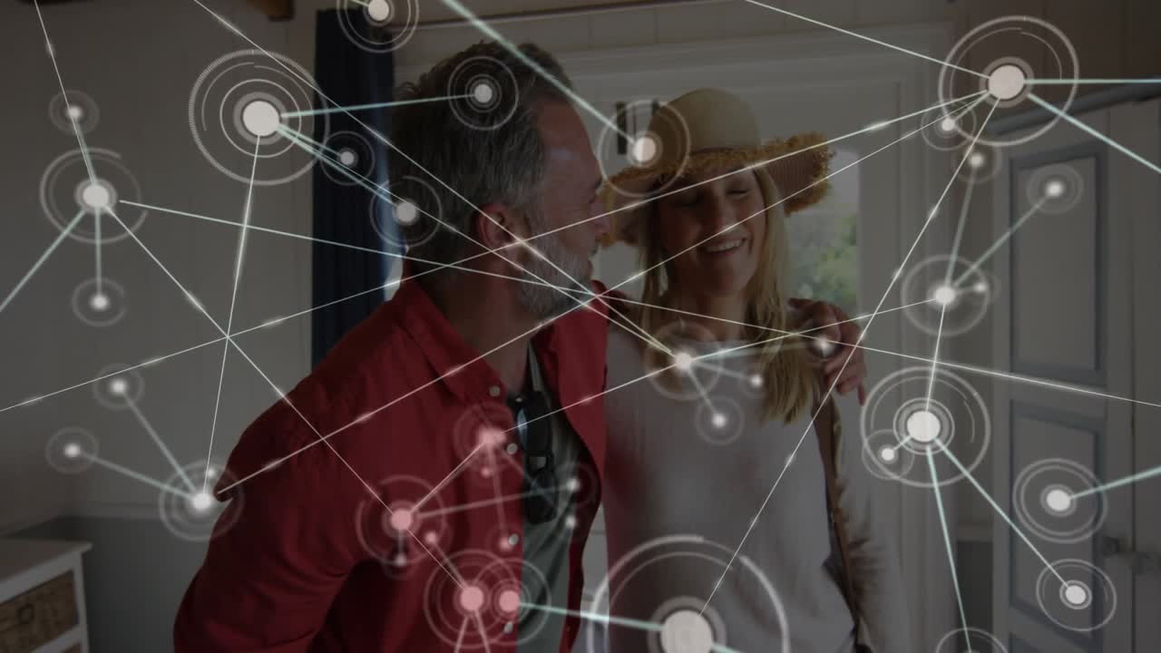 Couple entering home activating glowing node creating network overlay showing smart tech