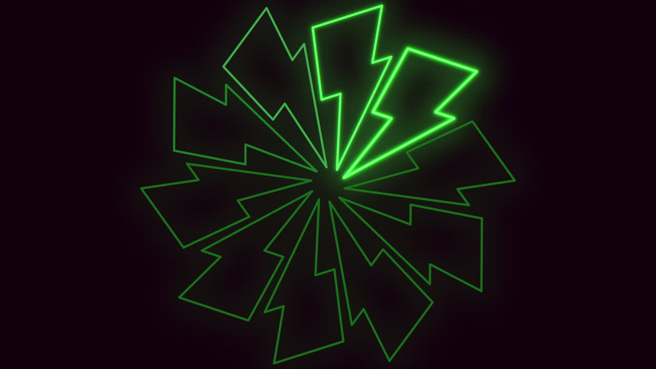 Abstrakte neongrønne lynformede figurer udstråler fra midten på en mørk baggrund, hvilket skaber en dynamisk glødende energieffekt, ideel til teknologi, gaming, musikvisuals og moderne motion design.