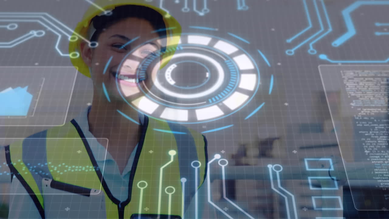 animación de escaneo de alcance y procesamiento de datos sobre ingeniera femenina