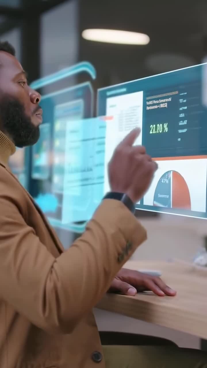 Futuristic video concept with a side angle of a man interacting with a holographic screen
