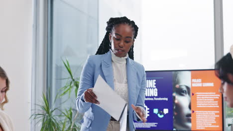 business team discussing machine learning project during a presentation