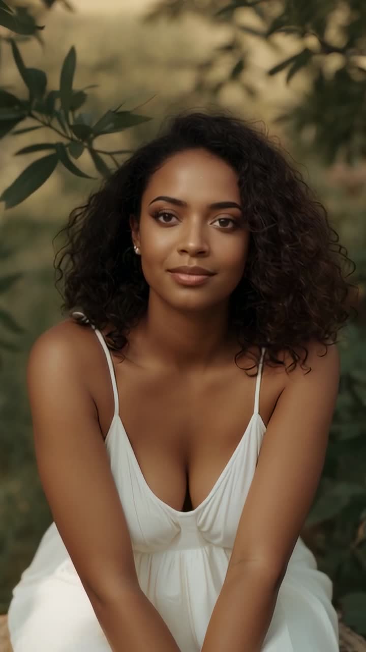 Vídeo vertical: Mulher sentada posando enquanto a câmera se aproxima no parque usando um vestido branco sem mangas