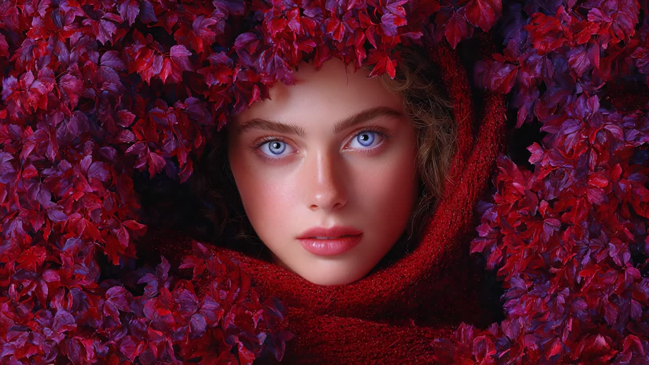 A Captivating Portrait of a Young Woman Framed by Vibrant Floral Arrangements, Highlighting Natural Beauty and Expressive Features