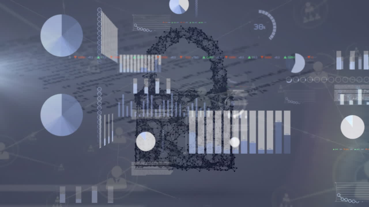 animación del procesamiento de datos financieros a través de un candado de seguridad en línea