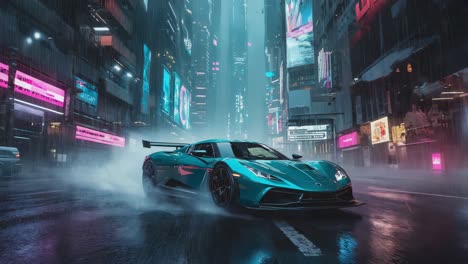 teal sportscar drifting through a cyberpunk city street at night