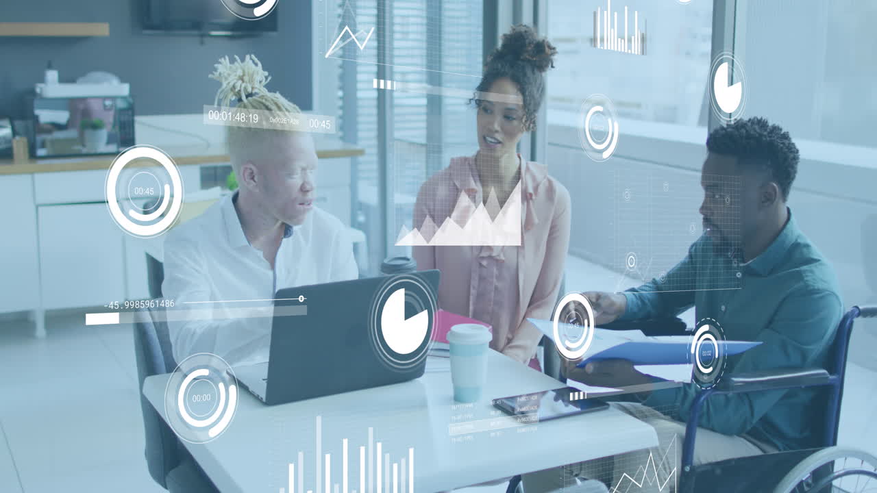 Animation of data processing over diverse business people in office