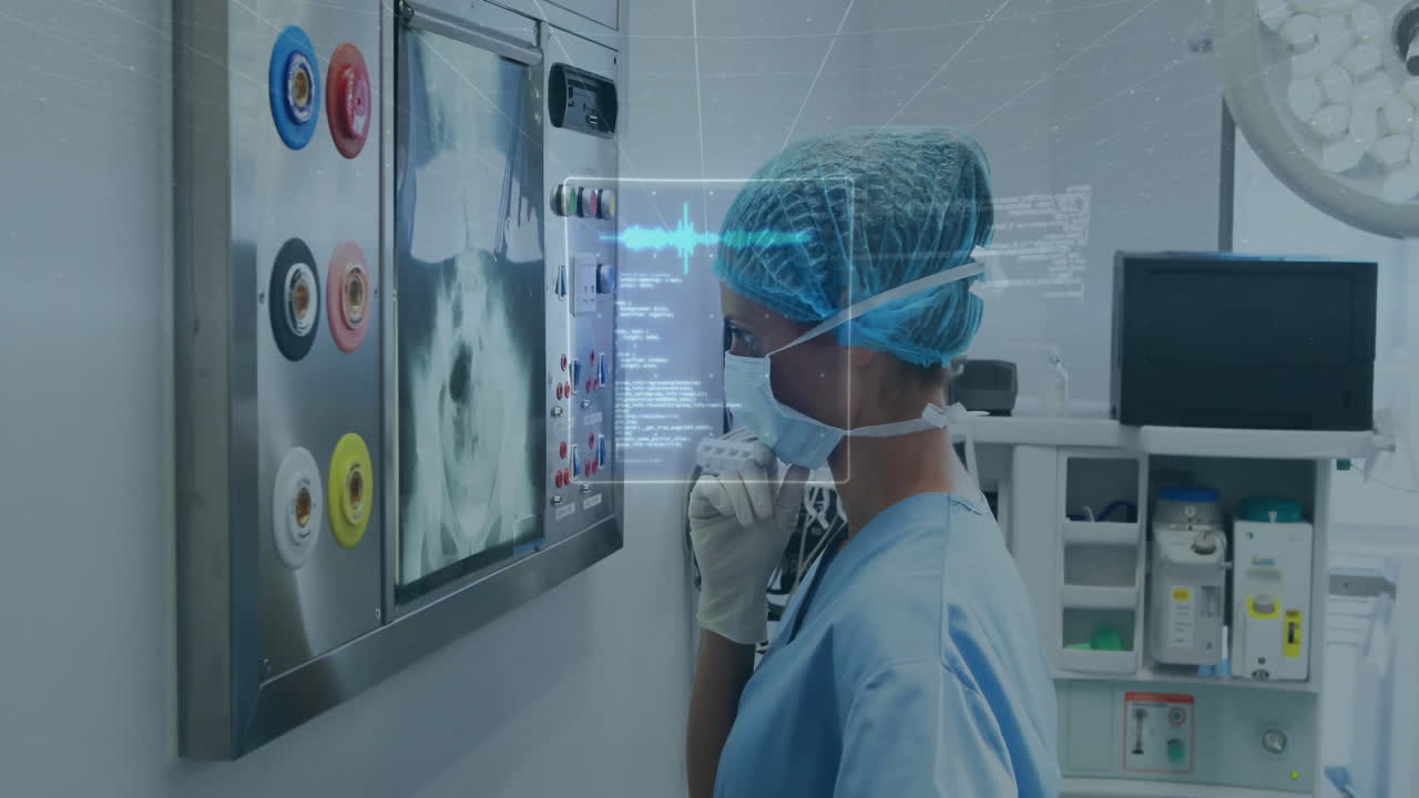 animación del procesamiento de datos sobre una cirujana caucásica