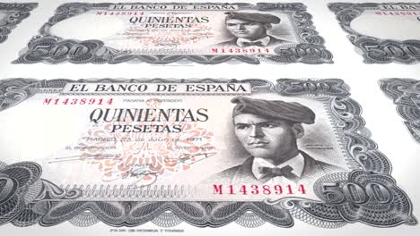 banknotes of five hundred spanish pesetas of the bank of spain rolling on screen, coins of the world, cash money, loop