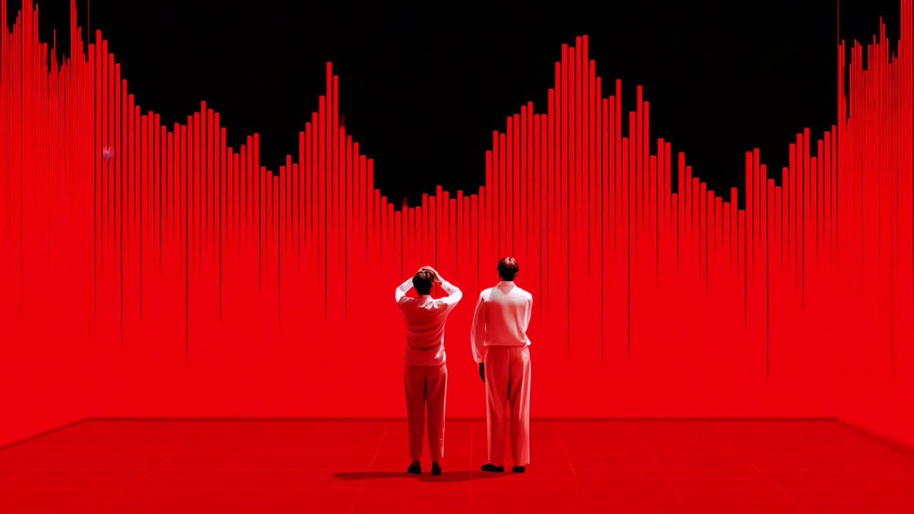 Two figures observe a red-hued visual display, marked by tall peaks and valleys, representing data trends, emotion, or a dynamic interaction in a striking art installation